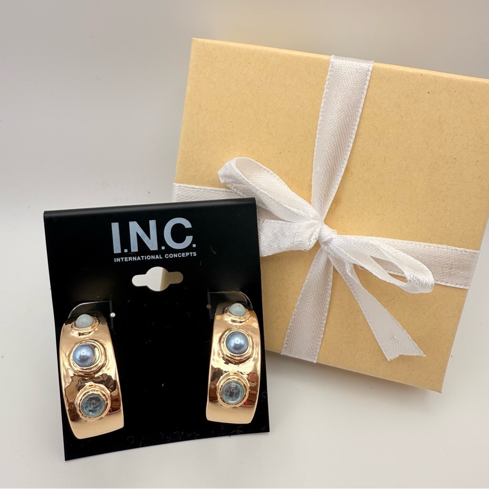 NWT INC Gold Tone Blue Stone & Pearl Hoop Earrings | Statement J Hoops Gift
